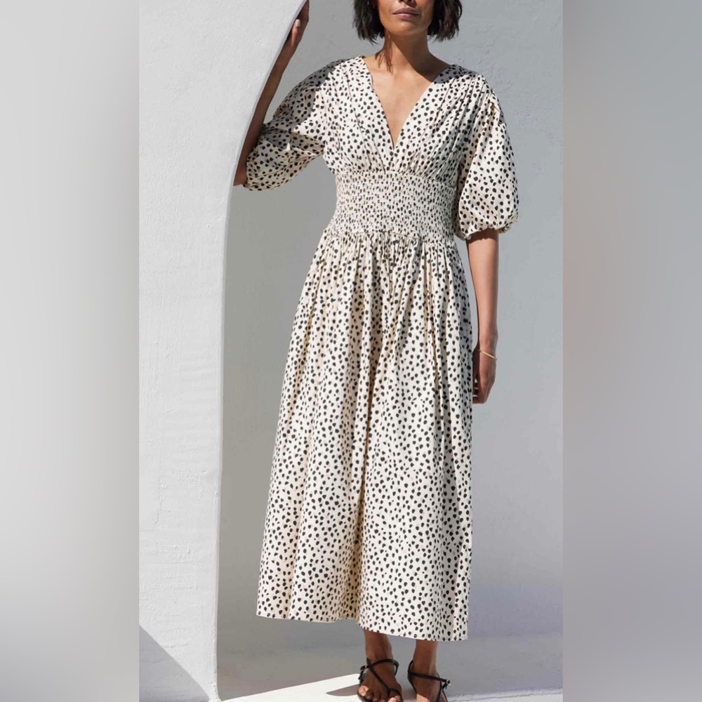 AYR Cream Midi Maxi Dress with Black Dot Print